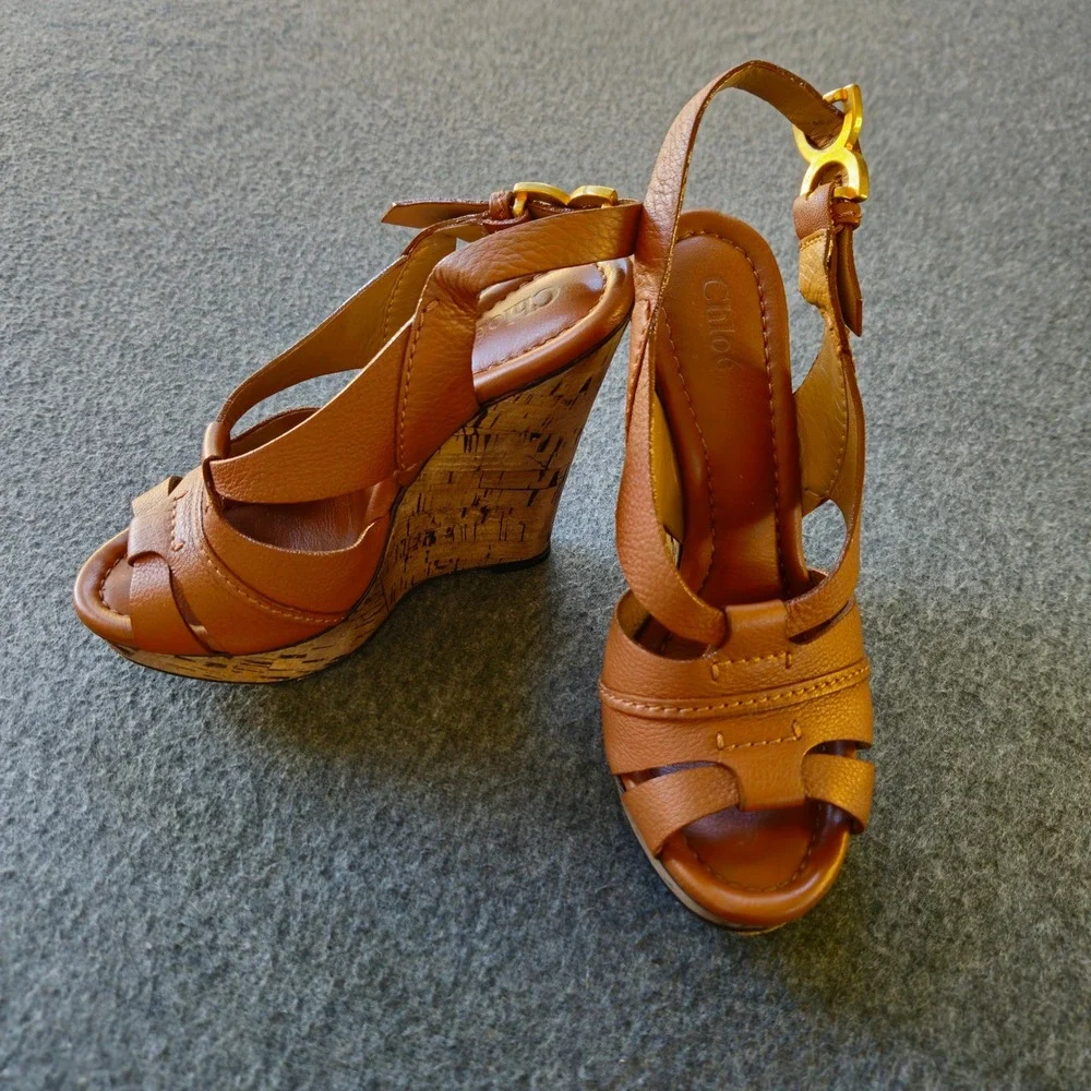 CHLOE Renna Cork Wedge Sandals 38 Act 36 Cognac Leather Strappy Platform CH16066